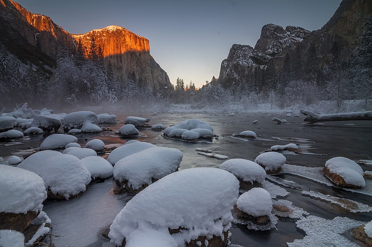 landscape, trees, winter, Yosemite National Park, snow, river, pine trees, snowy peak, HD wallpaper