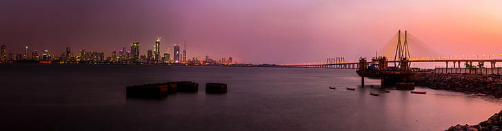 body of water,bridge, and city view during sunset, bandra, worli, bandra, worli, Bandra - Worli sea link, city lights, body of water, water,bridge, city view, sunset, evening, long exposure, smooth, highrises, twilight, places to visit, Mumbai, urban Skyline, cityscape, night, famous Place, architecture, skyscraper, downtown District, urban Scene, uSA, river, city, new York City, bridge - Man Made Structure, dusk, built Structure, HD wallpaper