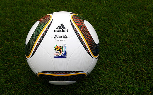 white and multicolored adidas soccer ball, Photo, Grass, The ball, World, 2010, Lawn, Africa, Cup, Fifa, Jabulani, South, HD wallpaper HD wallpaper