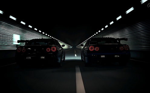 dua mobil hitam, Nissan GT-R, Nissan, jalan, terowongan, mobil, kendaraan, Wallpaper HD HD wallpaper