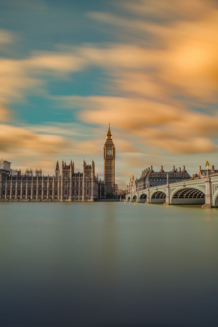 لندن ، المملكة المتحدة ، ساعة بيج بن ، الجسر ، الهندسة المعمارية ، الغيوم ، المملكة ، القصر ، عرض صورة ، نهر التايمز، خلفية HD، خلفية الهاتف