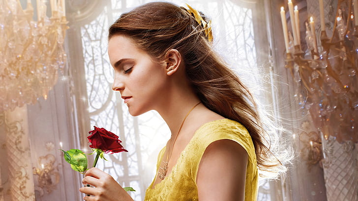 cinéma, fille, amour, rose, Disney, Emma Watson, fleur, monstre, robe, film, blonde, film, Beauty and the Beast, hana, Fond d'écran HD