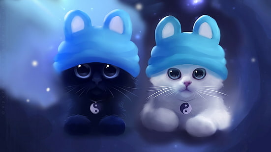 Apofiss, gato, ilustraciones, Yin y Yang, sombrero, Fondo de pantalla HD HD wallpaper