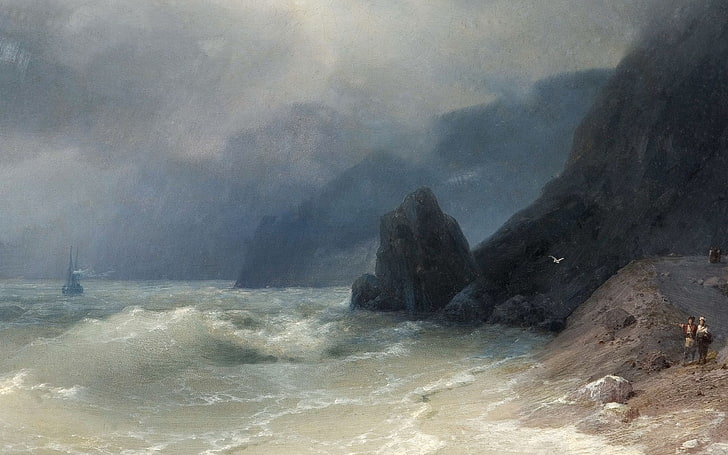 opera d'arte, spiaggia, arte classica, Ivan Aivazovsky, pittura, roccia, mare, Sfondo HD
