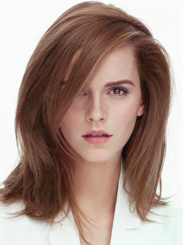 Emma Watson, women, actress, British, brunette, young woman, face, simple background, long hair, hair covering eyes, HD wallpaper