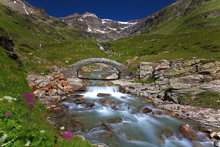 montañas, puente, río, Italia, Valle d'aosta, Fondo de pantalla HD