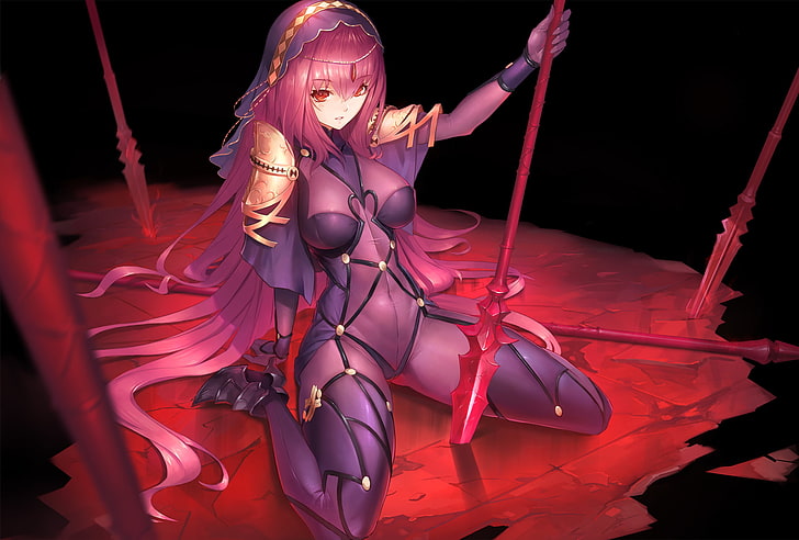 purple hair, spear, bodysuit, Scathach ( FateGrand Order ), headdress, long hair, red eyes, FateGrand Order, weapon, HD wallpaper