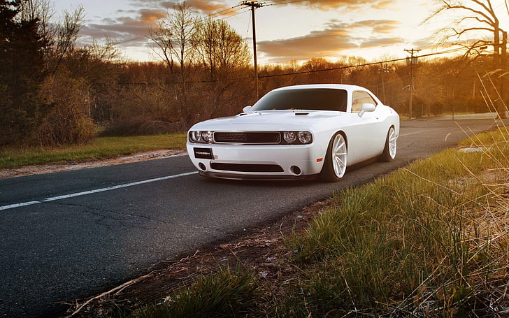 car, Dodge, Dodge Challenger, Dodge Challenger SRT, road, sunset, Vossen, HD wallpaper