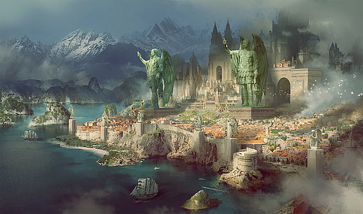  artwork, fantasy art, city, fantasy city, statue, mountains, sea, sailing ship, HD wallpaper HD wallpaper