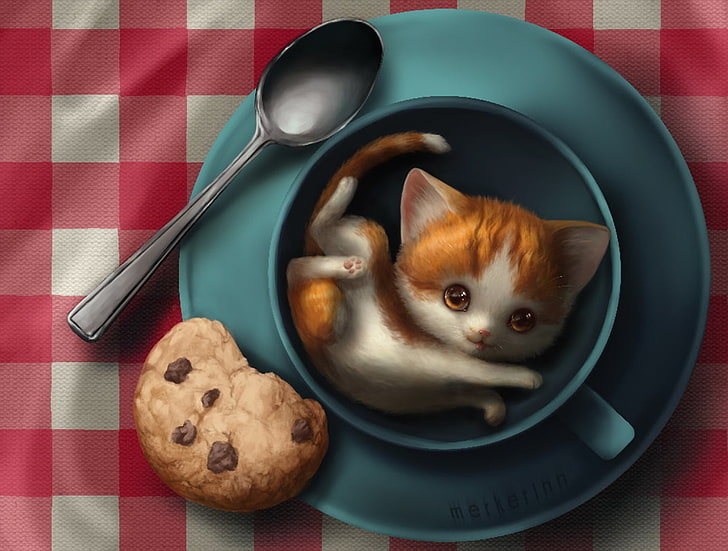 kucing, kue, menggambar, ilustrasi, humor, Malwina Kwiatkowska, Wallpaper HD
