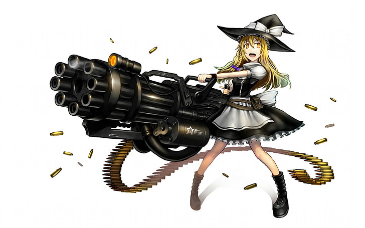 bruxa com ilustração de arma gatling, gia, marisa kirisame, touhou, arma, menina, HD papel de parede
