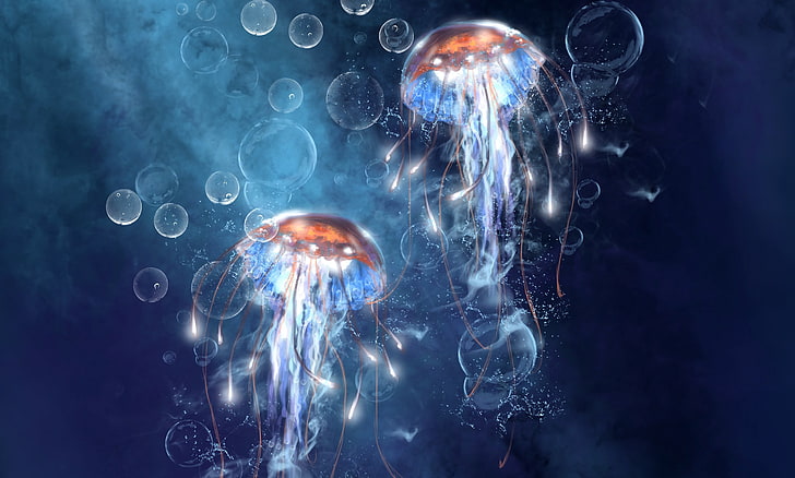 two jellyfish painting, sea, bubbles, art, jellyfish, under water, HD wallpaper