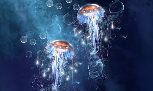 роспись двух медуз, море, пузыри, арт, медузы, под водой, HD обои HD wallpaper