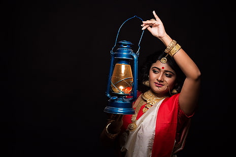 девушка, украшения, лампа, фонарь, индианка, сари, HD обои HD wallpaper