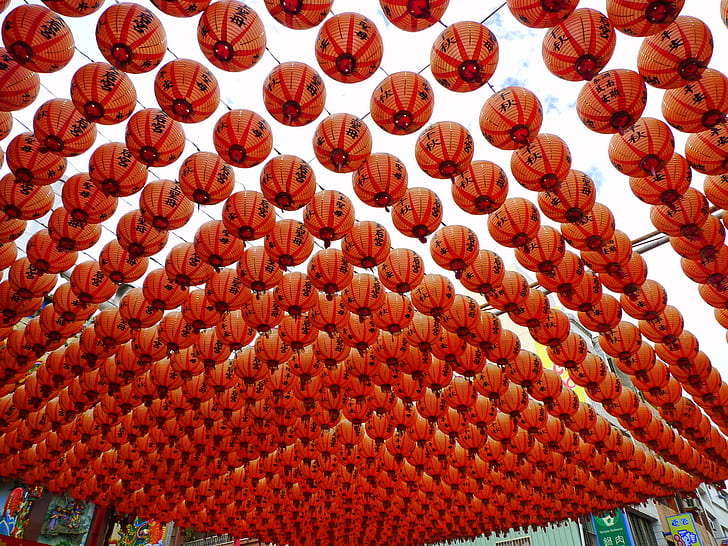 red paper lanterns under clear skies during day, red, paper lanterns, clear skies, day, Leica, kaohsiung, taiwan, 旗津, decoration, cultures, asia, pattern, backgrounds, chinese Culture, HD wallpaper
