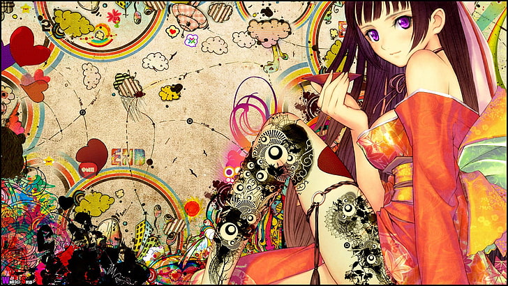 female anime character in orange dress wallpapere, anime, Tony Taka, kimono, anime girls, Snyp, colorful, purple eyes, tattoo, legs, HD wallpaper