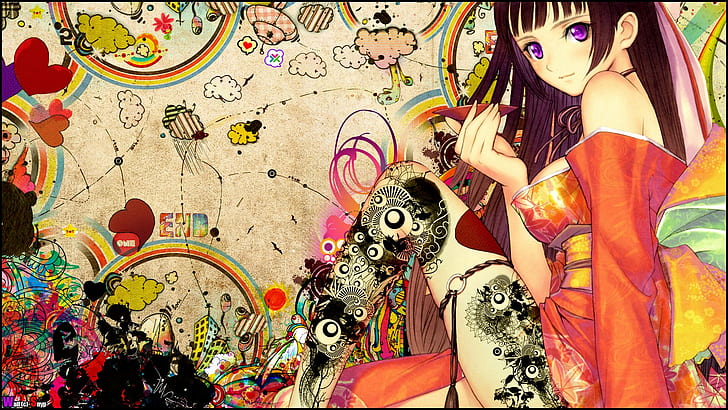 jambes, anime, yeux violets, kimono, Snyp, coloré, tatouage, anime girls, Tony Taka, Fond d'écran HD