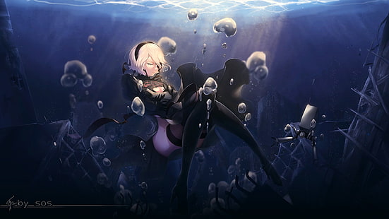 gelbhaarige weibliche Zeichentrickfigur, Nier: Automata, Anime Girls, Strümpfe, NieR, 2B (Nier: Automata), HD-Hintergrundbild HD wallpaper