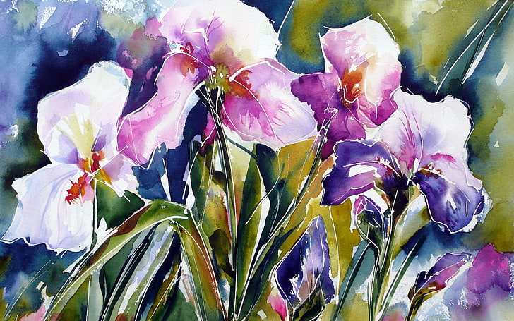 lila irisblommamålning, blommor, akvarell, iris, HD tapet