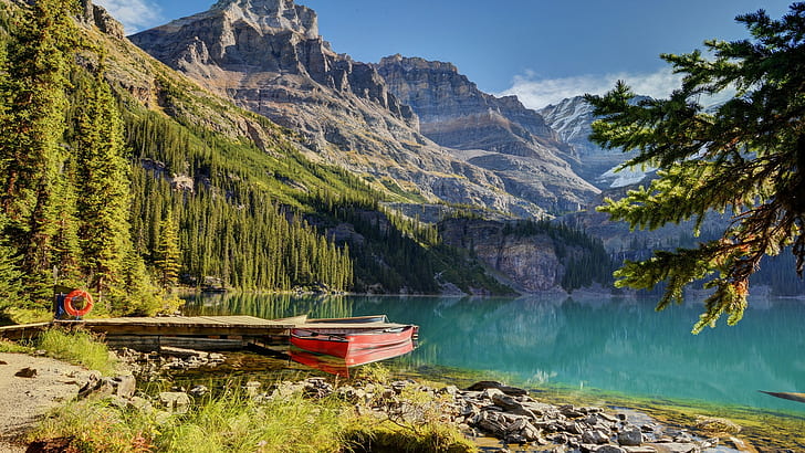 lake, boat, mountains, landscape, water, trees, HD wallpaper