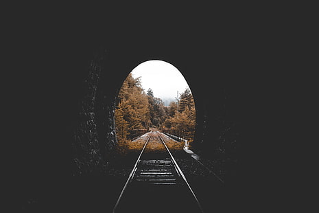 black train railway, tunnel, railway, autumn, HD wallpaper HD wallpaper