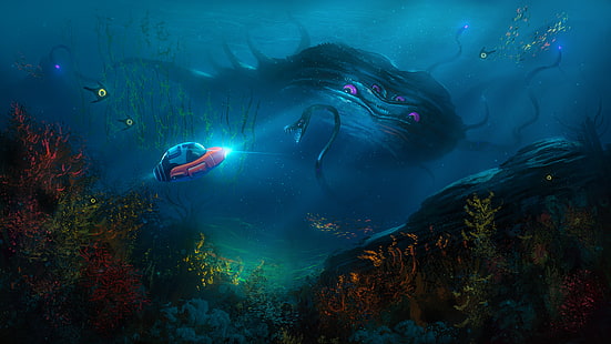 woda, pod wodą, rośliny, łódź podwodna, subnautica, morskie potwory, gry wideo, dzieła fanów, grafika gier wideo, światła, ryba, koral, wąż, fantasy art, Rafael Damiani, kolorowy, Tapety HD HD wallpaper