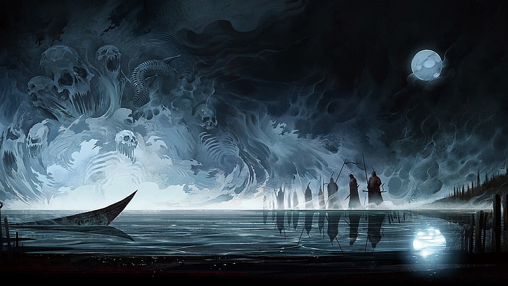 people standing on shore near boat on water wallpaper, artwork, skull, Moon, reflection, boat, water, fantasy art, soldier, spooky, dark, lake, HD wallpaper