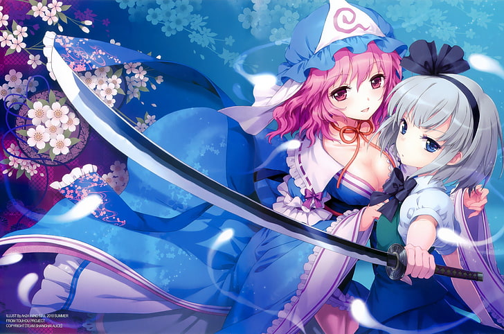 pink and gray haired anime girl illustration, anime, back, band, blossoms, blue, cherry, cleavage, clothes, dress, eyes, flowers, games, girls, green, hair, hats, japanese, katana, konpaku, , mouth, open, pink, saigyouji, short, touhou, video, weapons, white, youmu, yuyuko, HD wallpaper