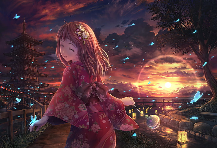 Anime, Original, Butterfly, Flower, Kimono, Lantern, Pink Hair, Smile,  Sunset, HD wallpaper | Wallpaperbetter