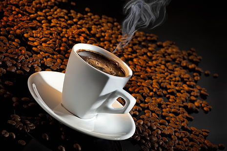 Kaffeebohnen, Kaffee, Tasse, Dampf, Getreide, Untertasse, HD-Hintergrundbild HD wallpaper