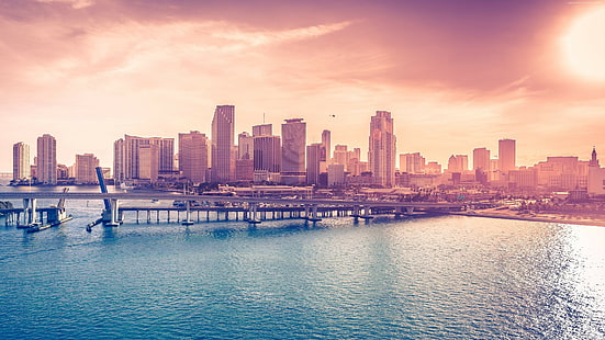 city, bridge, bay, Miami, HD wallpaper HD wallpaper