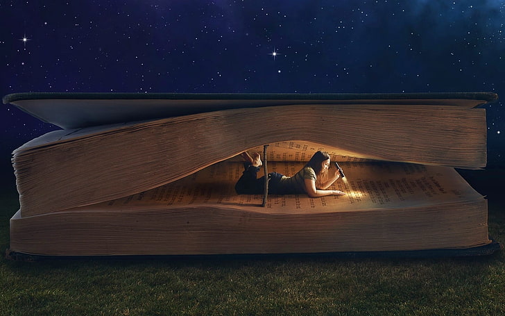 woman reading book optical illusion painting, fantasy art, artwork, digital art, science fiction, books, blonde, stars, sparkles, supporters, HD wallpaper