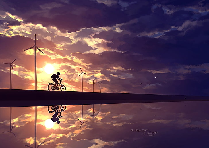 person riding on bike silhouette illustration, anime, sky, cycling, HD wallpaper