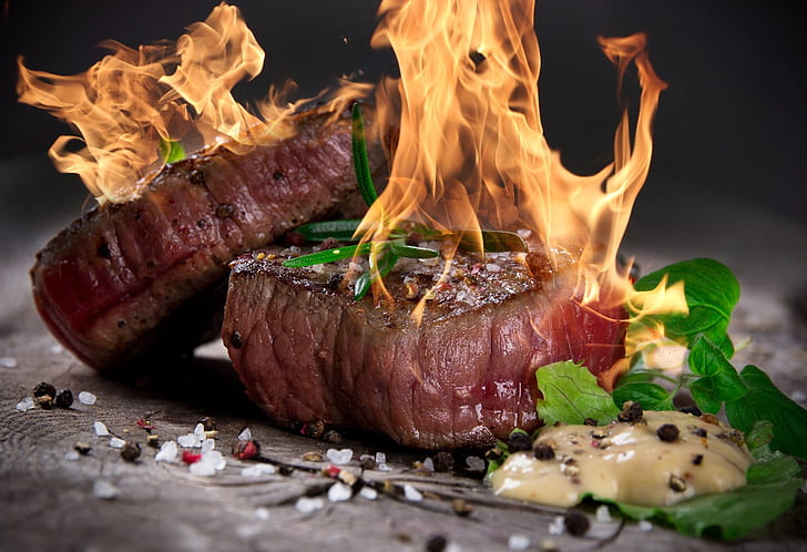 fire, steak, food, meat, HD wallpaper