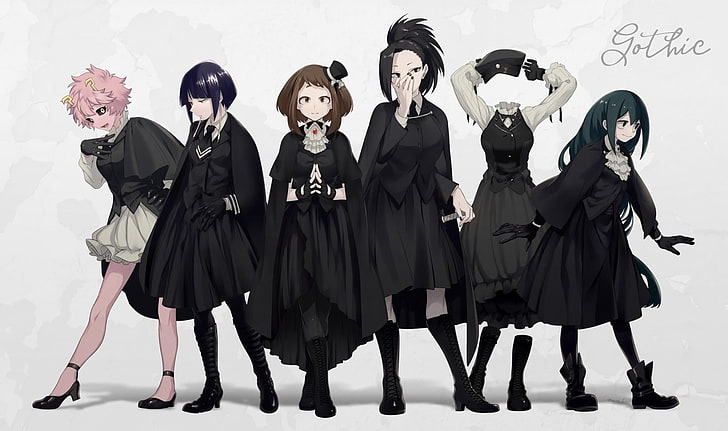 Boku no Hero Academia, anime kızlar, Ashido Mina, Uraraka Ochako, Tsuyu Asui, Yaoyorozu Momo, Hagakure Tōru, Jirō Kyōka, siyah takım elbise, HD masaüstü duvar kağıdı