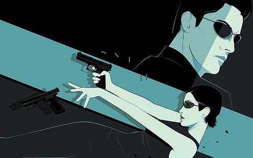 femme tenant un papier peint pistolet, armes, art, lunettes, matrice, The Matrix, neo, Fond d'écran HD HD wallpaper