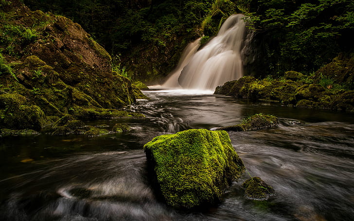Waterfall Forest River Timelapse Moss Rock Stone HD, big stone with green moss near to false, nature, forest, river, rock, timelapse, stone, waterfall, moss, HD wallpaper