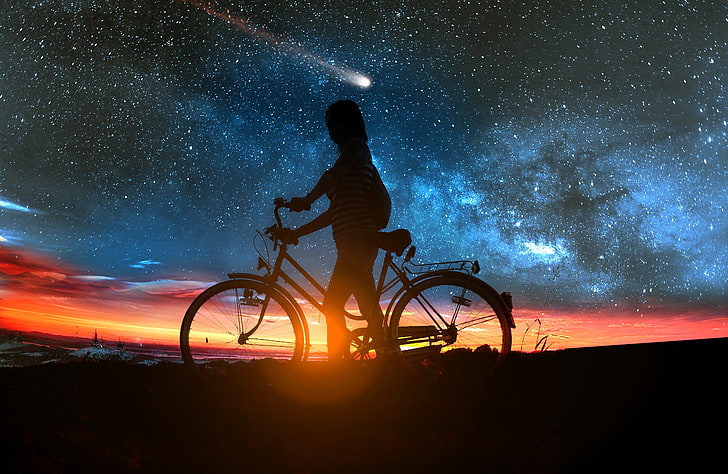 silhueta de pessoa andando de bicicleta, menina, pôr do sol, bicicleta, cometa, HD papel de parede