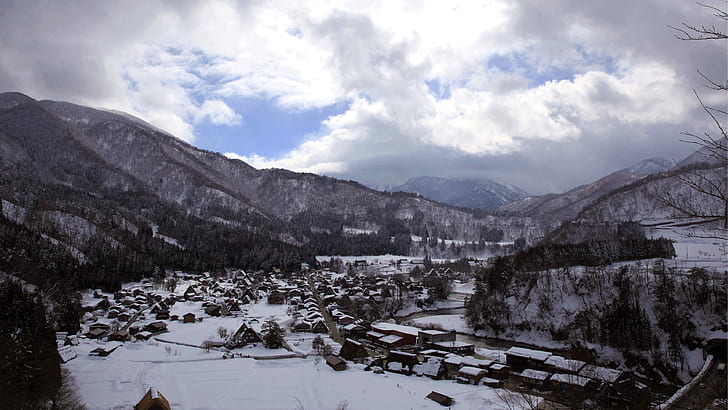 Сиракаваго, Гассё-дзукури, зима, густой снег, путешествие в Японию, Сиракаваго, Гассё, Зукури, зима, густой, снег, путешествие, Япония, HD обои