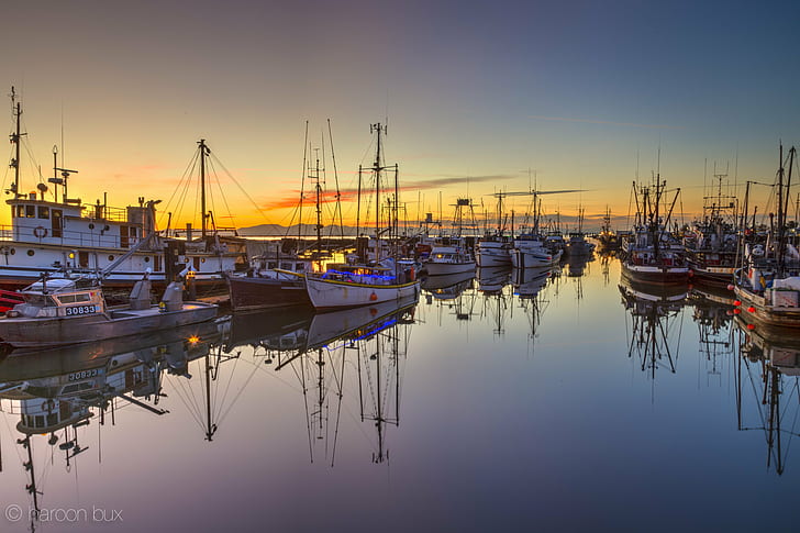 biało-brązowe łodzie motorowe zacumowane podczas wschodu słońca, różowo-niebieskie, białe, brązowe, łodzie motorowe, zacumowane, wschód słońca, Richmond British Columbia, Kanada, statek żeglarski, port, morze, marina, woda, Tapety HD