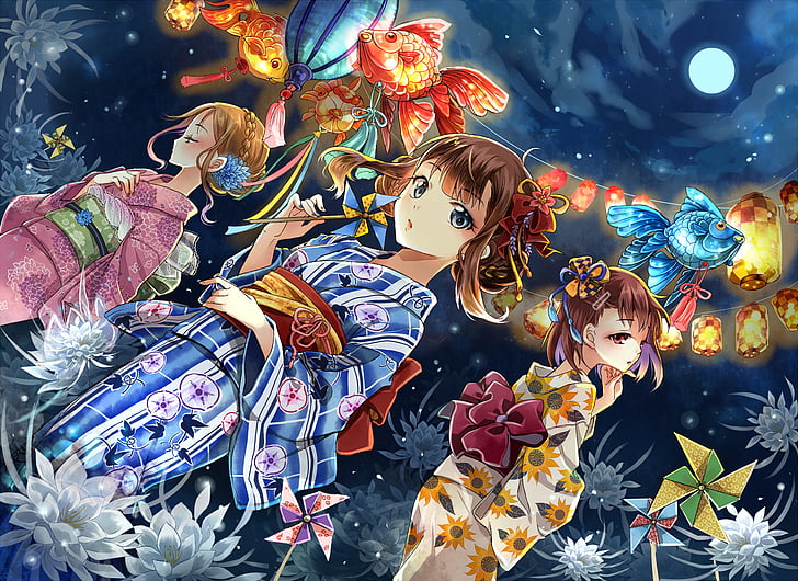 Anime, Original, Aqua Eyes, Festival, Fish, Flower, Kimono, Latern, Moon, Night, Ribbon, Yukata, HD tapet