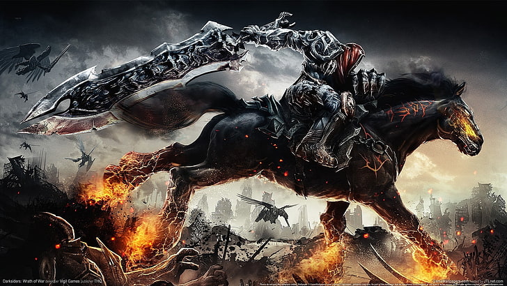 knight holding sword riding black horse wallpaper, dark siders, fantasy art, HD wallpaper