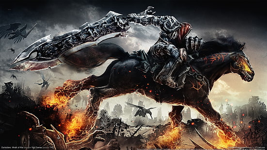 Caballero que sostiene la espada que monta el papel pintado del caballo negro, siders oscuros, arte de fantasía, Fondo de pantalla HD HD wallpaper