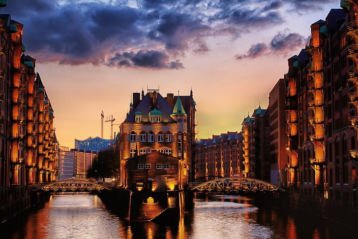 Hamburg, Germany, Speicherstadt, Warehouse, Evening, Building, HD wallpaper