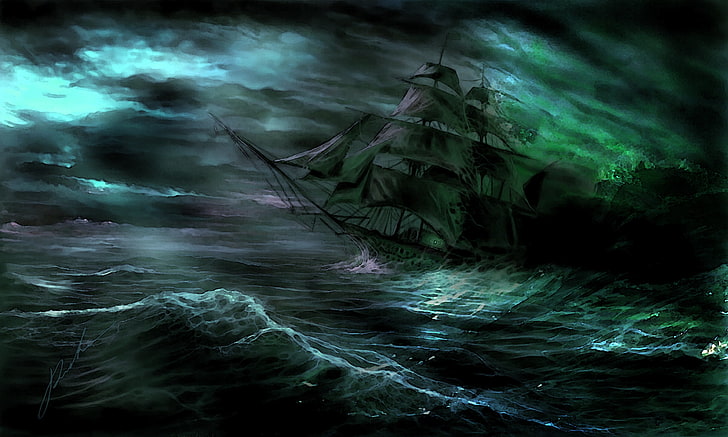galion blanc sur l'illustration de la mer, bateau fantôme, Davydov Victor, chemin du sorcier, Fond d'écran HD