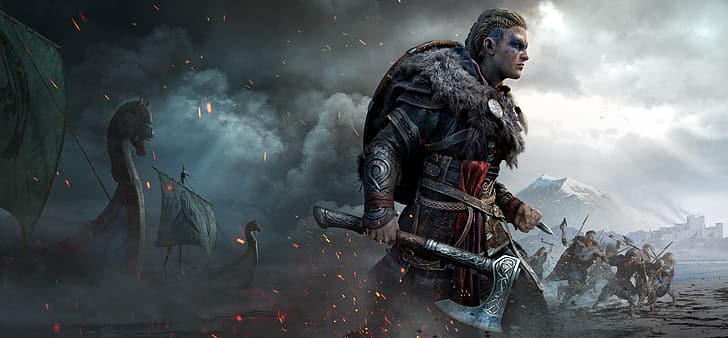 Assassin's Creed: Valhalla, videogiochi, arte dei videogiochi, arte digitale, Ax, shield, boat, sea, viking, ultrawide, ultra-wide, Sfondo HD