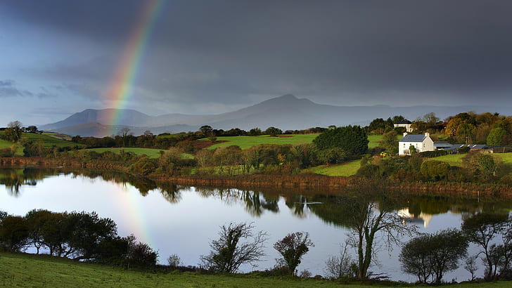 Irlanda, arcobaleno, paesaggio, fiume, case, colline, Irlanda, arcobaleno, paesaggio, fiume, case, colline, Sfondo HD