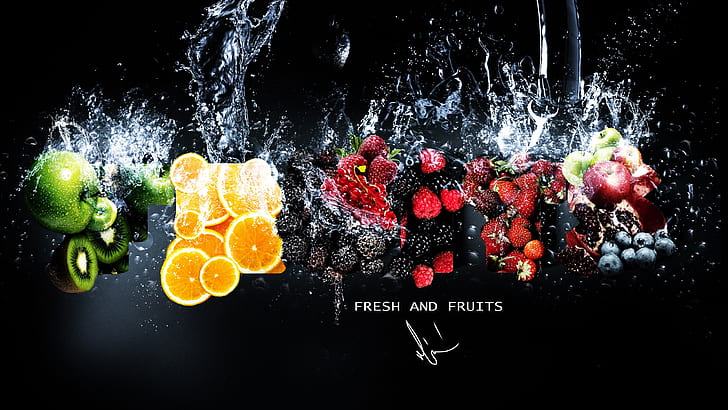 Frische Früchte in Wasser, Obst, Limetten, Heidelbeeren, Äpfeln, Beeren, Kiwi, HD-Hintergrundbild