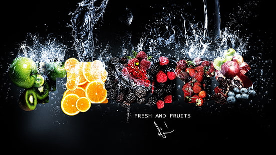 Frutta fresca in acqua, frutta, lime, mirtilli, mele, bacche, kiwi, Sfondo HD HD wallpaper