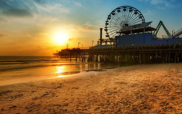 Los Angeles dock Ferris wheel, Beach sunset, orange sunset, Dock, Ferris, Wheel, Beach, Sunset, HD wallpaper